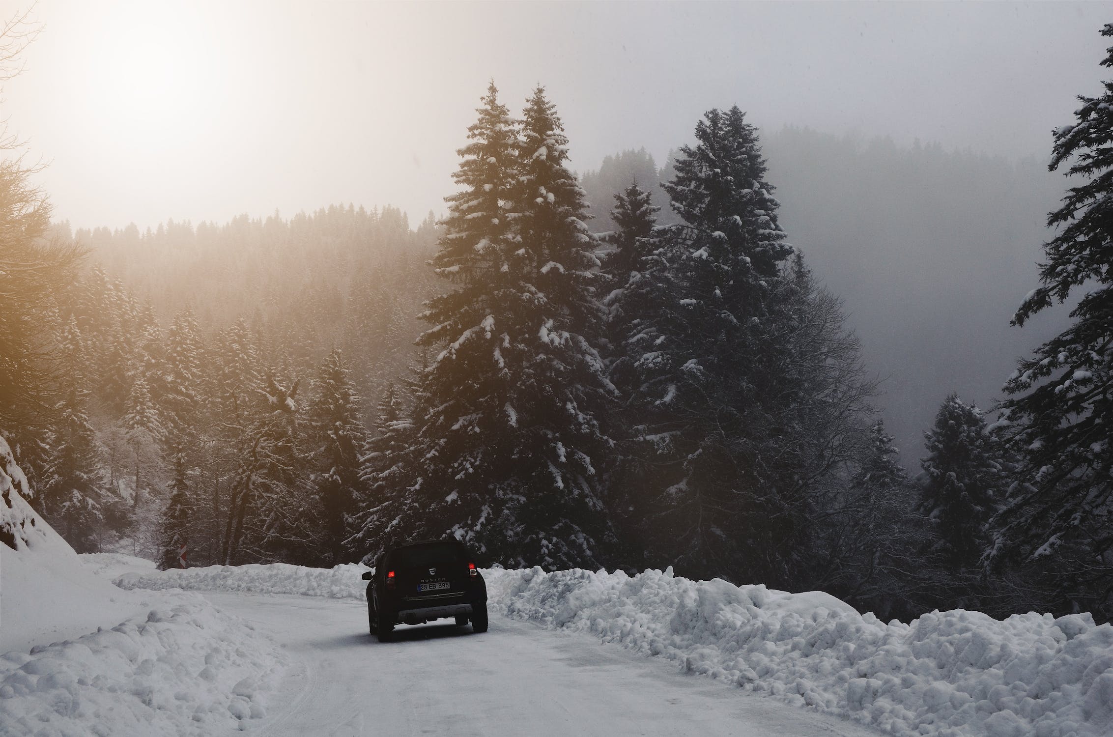 car travelling on snow packed road in forest