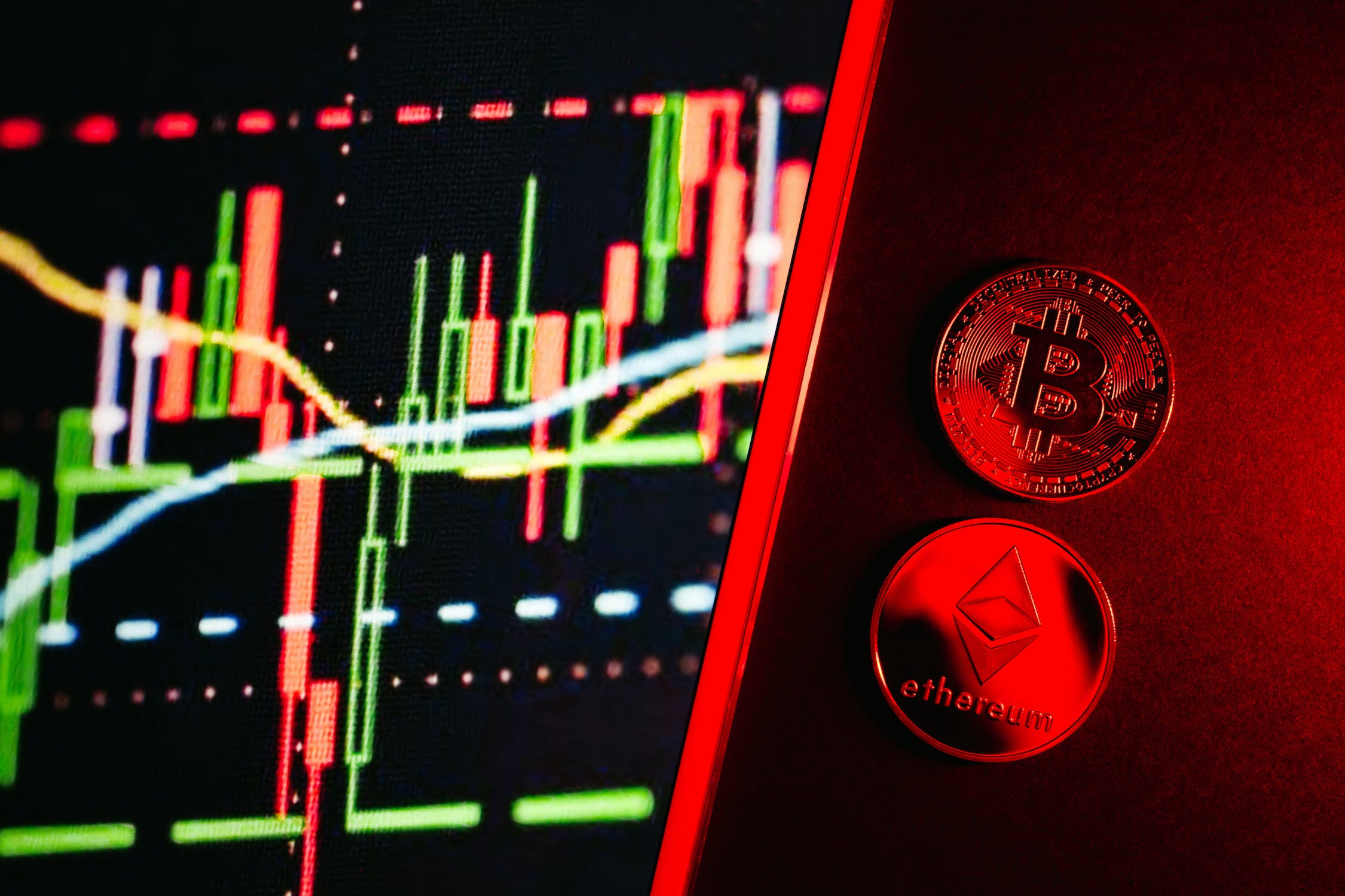 computer screen with colourful graph and two bitcoins